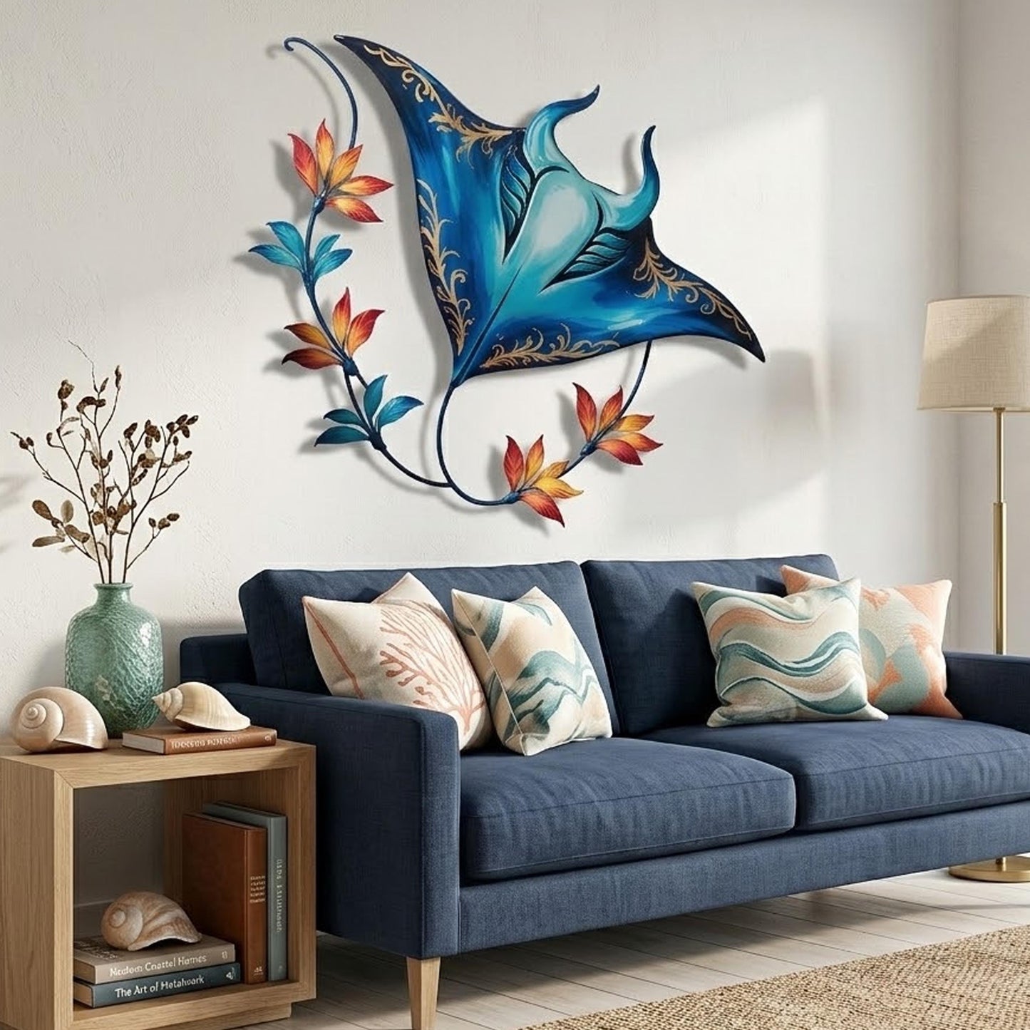 Tropical Manta Ray Metal Wall Art, Coastal Ocean Decor with Hibiscus Flowers, Beach House Wall Sign, Nautical Home, Coastal Wall Art
