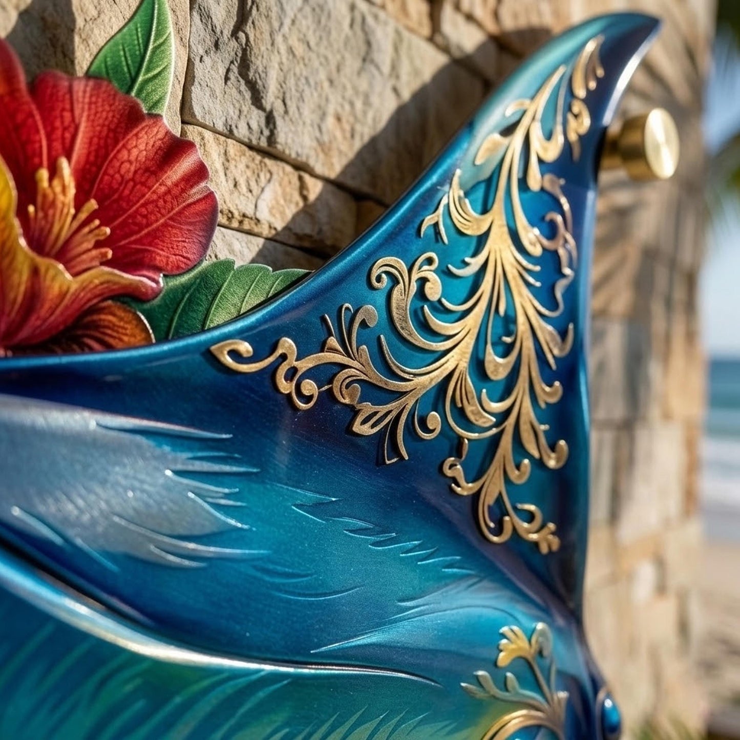 Tropical Manta Ray Metal Wall Art, Coastal Ocean Decor with Hibiscus Flowers, Beach House Wall Sign, Nautical Home, Coastal Wall Art
