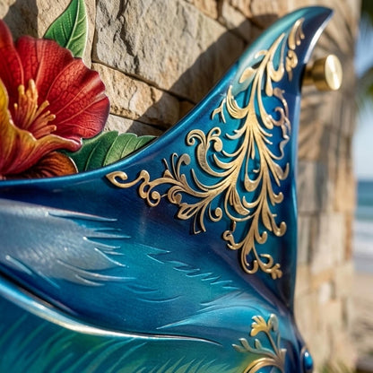 Tropical Manta Ray Metal Wall Art, Coastal Ocean Decor with Hibiscus Flowers, Beach House Wall Sign, Nautical Home, Coastal Wall Art