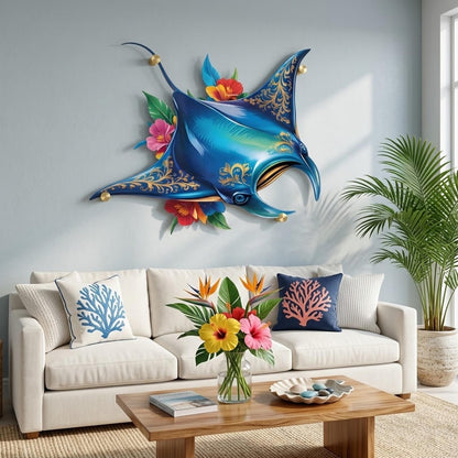 Tropical Manta Ray Metal Wall Art, Coastal Ocean Decor with Hibiscus Flowers, Beach House Wall Sign, Nautical Home, Coastal Wall Art