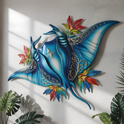 Tropical Manta Ray Metal Wall Art, Coastal Ocean Decor with Hibiscus Flowers, Beach House Wall Sign, Nautical Home, Coastal Wall Art