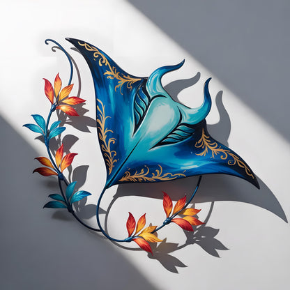 Tropical Manta Ray Metal Wall Art, Coastal Ocean Decor with Hibiscus Flowers, Beach House Wall Sign, Nautical Home, Coastal Wall Art