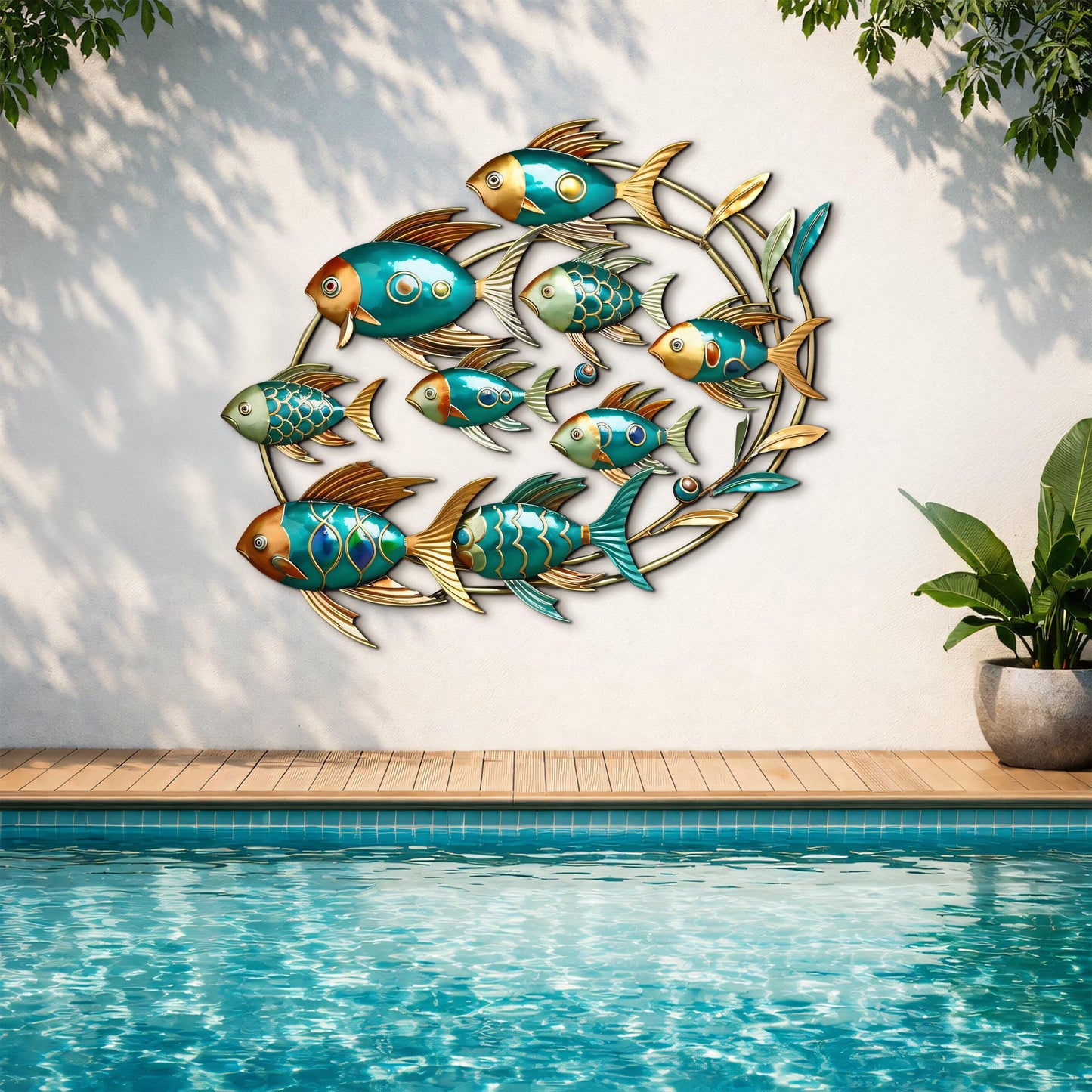 School of Fish Metal Wall Art, Colorful Swimming Fish Sculpture, Teal &amp; Gold Wall Decor, Tropical or Coastal Theme, Outdoor Indoor Accent