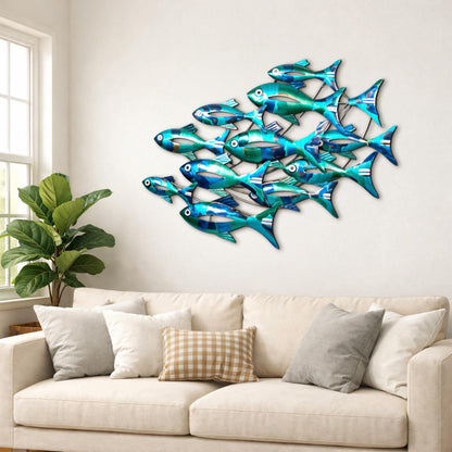 School of Fish Metal Wall Art, Colorful Swimming Fish Sculpture, Teal &amp; Gold Wall Decor, Tropical or Coastal Theme, Outdoor Indoor Accent