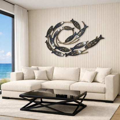 School of Fish Metal Wall Art, Colorful Swimming Fish Sculpture, Teal &amp; Gold Wall Decor, Tropical or Coastal Theme, Outdoor Indoor Accent