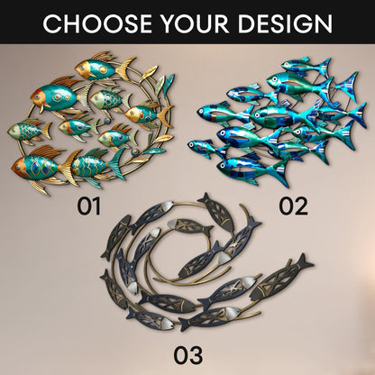 School of Fish Metal Wall Art, Colorful Swimming Fish Sculpture, Teal &amp; Gold Wall Decor, Tropical or Coastal Theme, Outdoor Indoor Accent