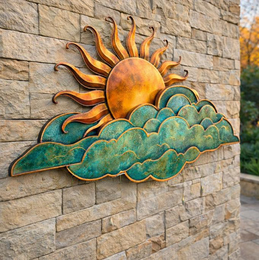 Heat Colored Metal Sunrise Wall Decor, Handmade Garden Art, Rustic Sun Sculpture, Outdoor Patio Wall Hanging, Unique Metal Wall Art