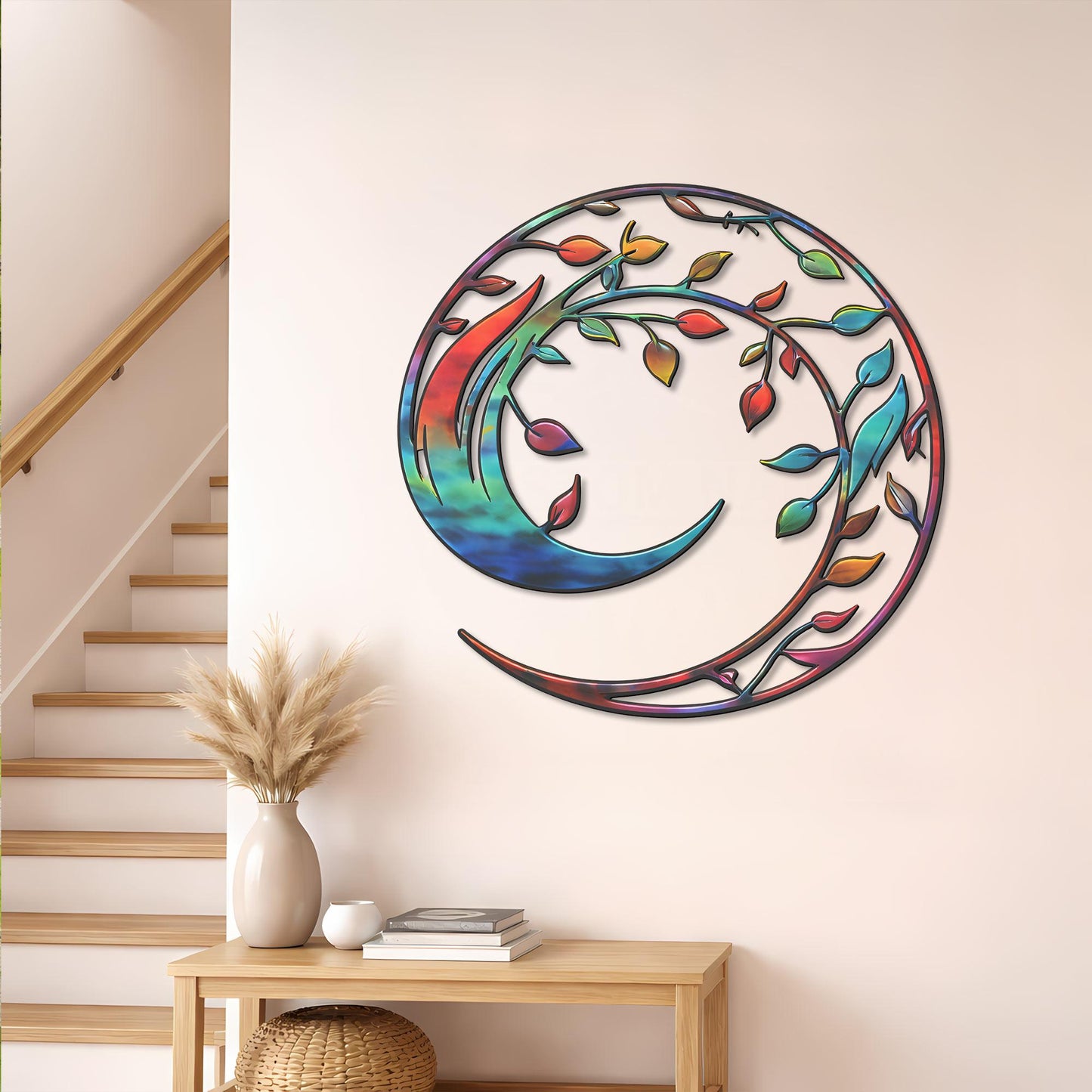 Colorful Crescent Moon Metal Wall Art – Vibrant Leaf Yin Yang Design, 2D Boho Decor, Modern Nature Inspired Steel Wall Hanging Gift