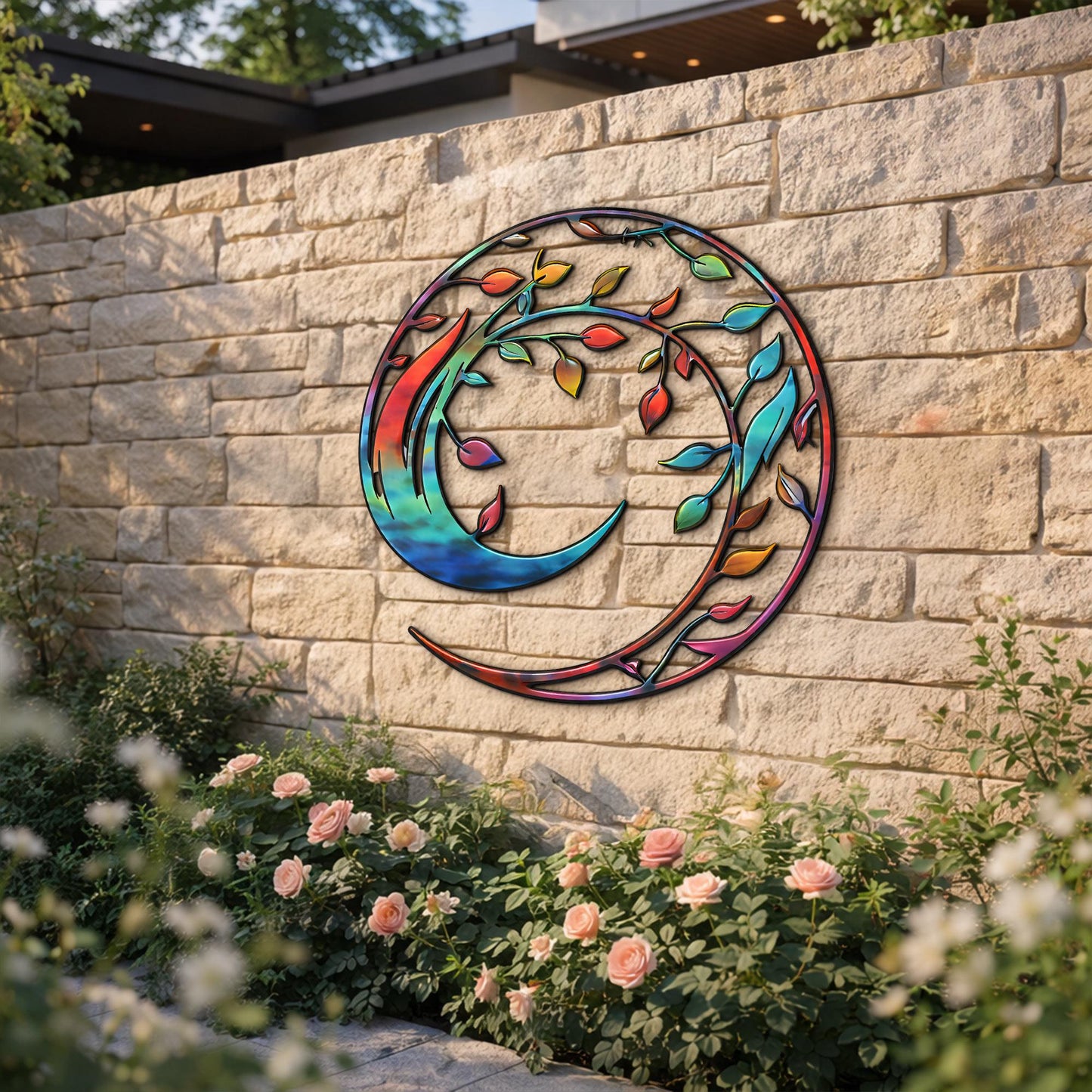 Colorful Crescent Moon Metal Wall Art – Vibrant Leaf Yin Yang Design, 2D Boho Decor, Modern Nature Inspired Steel Wall Hanging Gift