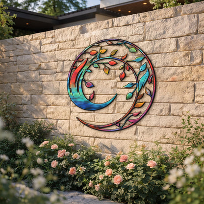 Colorful Crescent Moon Metal Wall Art – Vibrant Leaf Yin Yang Design, 2D Boho Decor, Modern Nature Inspired Steel Wall Hanging Gift