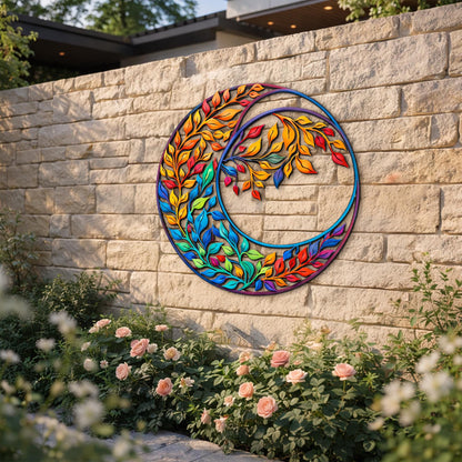 Colorful Crescent Moon Metal Wall Art – Vibrant Leaf Yin Yang Design, 2D Boho Decor, Modern Nature Inspired Steel Wall Hanging Gift