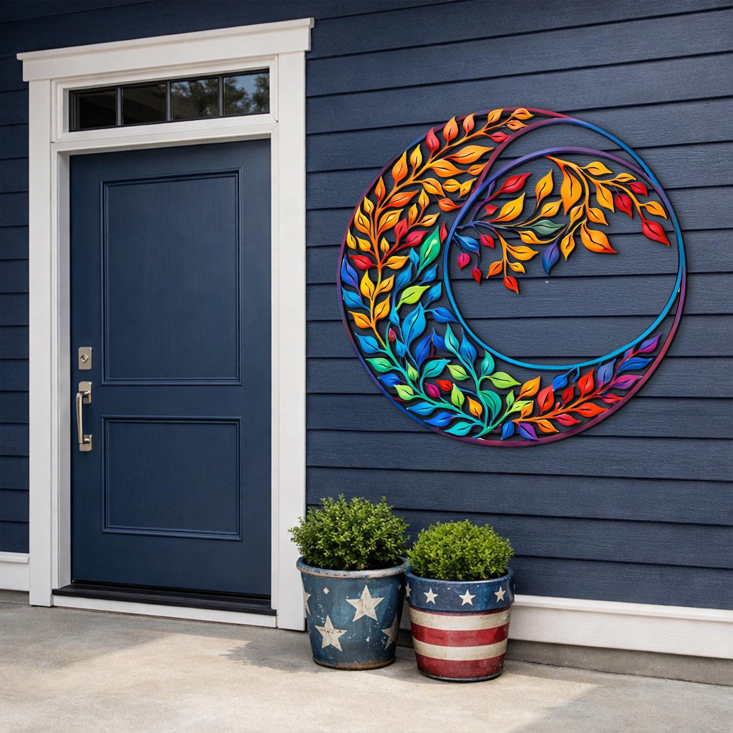 Colorful Crescent Moon Metal Wall Art – Vibrant Leaf Yin Yang Design, 2D Boho Decor, Modern Nature Inspired Steel Wall Hanging Gift