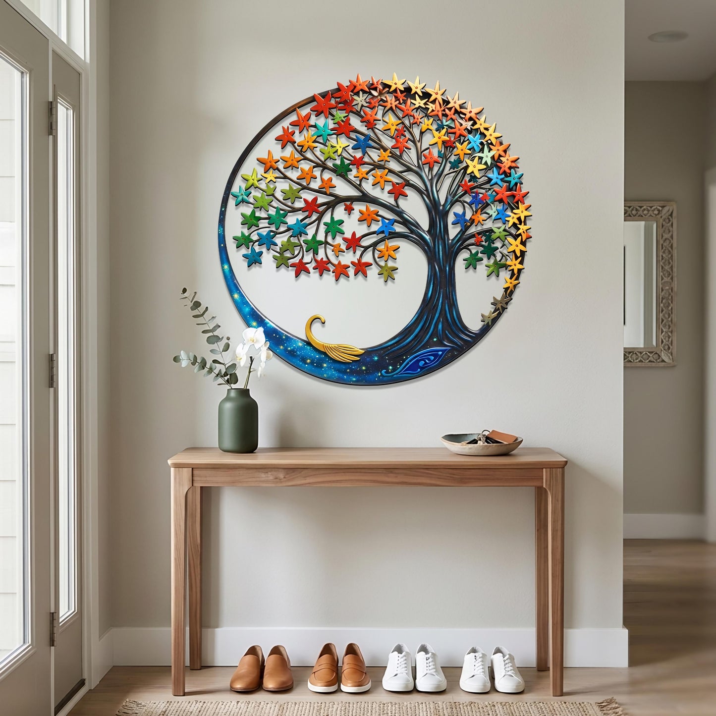 Tree of Life Crescent Moon Metal Wall Art – Celestial Nature Decor, Boho Steel Hanging, Colorful Star Leaves, Unique Home Gift