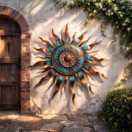 Metal Sun Wall Art – Heat Colored Sunrise, Unique Modern Home Decor, Rustic Iron Sun Sculpture for Living Room, Garden, or Outdoor Wall Art