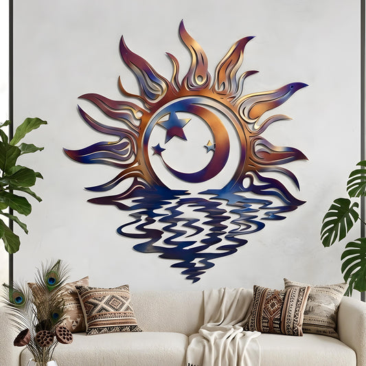 Celestial Sun Moon Metal Wall Art, Heat Colored Sunrise Wall Decor Iridescent Outdoor Garden Sign, Patio Fence Hanging, Boho Yard Decor Gift