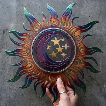 Celestial Sun Moon Metal Wall Art, Iridescent Rainbow Outdoor Decor Laser Cut Sunburst Wall Hanging, Boho Patio Garden Yard Sign Witchy Gift