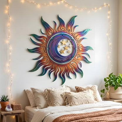 Celestial Sun Moon Metal Wall Art, Iridescent Rainbow Outdoor Decor Laser Cut Sunburst Wall Hanging, Boho Patio Garden Yard Sign Witchy Gift
