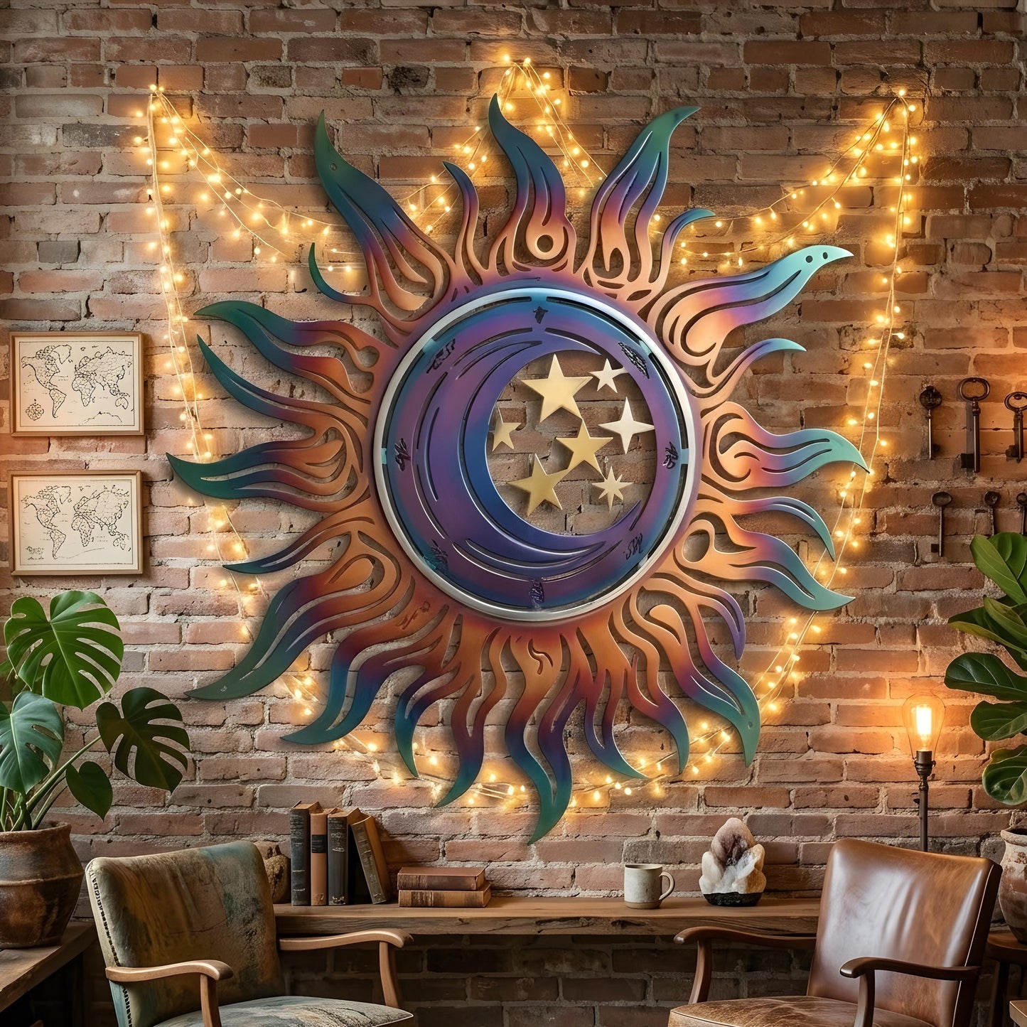 Celestial Sun Moon Metal Wall Art, Iridescent Rainbow Outdoor Decor Laser Cut Sunburst Wall Hanging, Boho Patio Garden Yard Sign Witchy Gift
