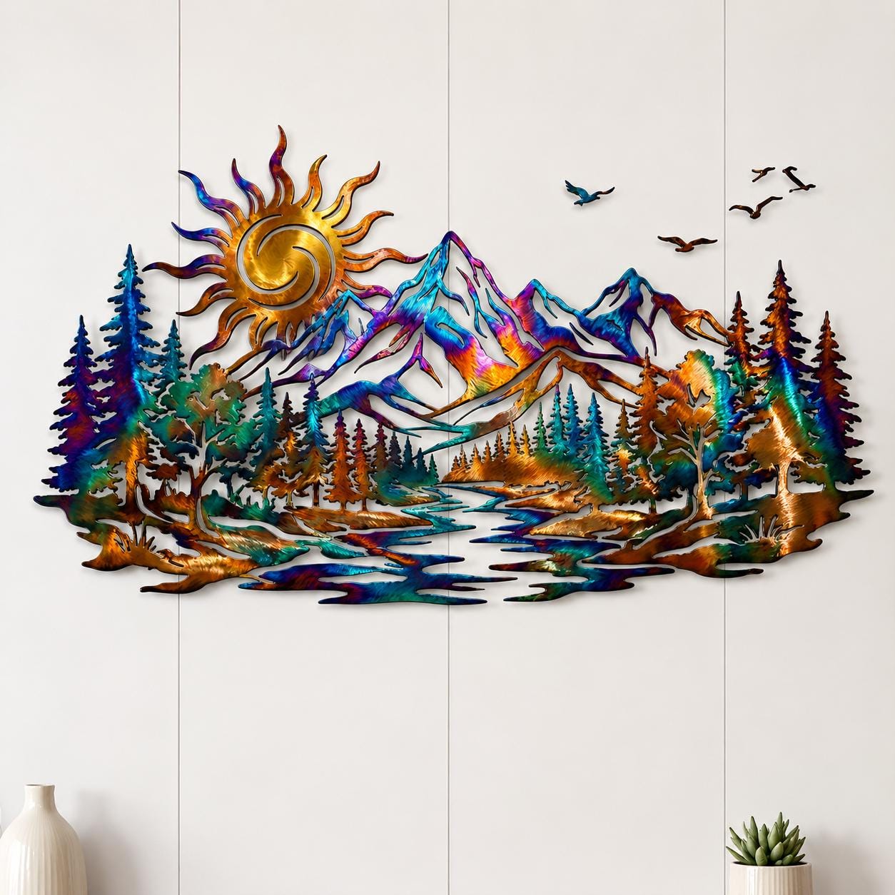 Handmade Metal Wall Art Sun Moon Lighthouse Beach Scene Ocean Waves Palm Trees Coastal Home Decor for Living Room or Office