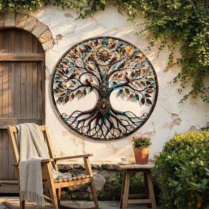 Handcrafted Tree of Life Metal Wall Art with Birds, Sun &amp; Moon Design for Living Room, Garden, and Outdoor Decor