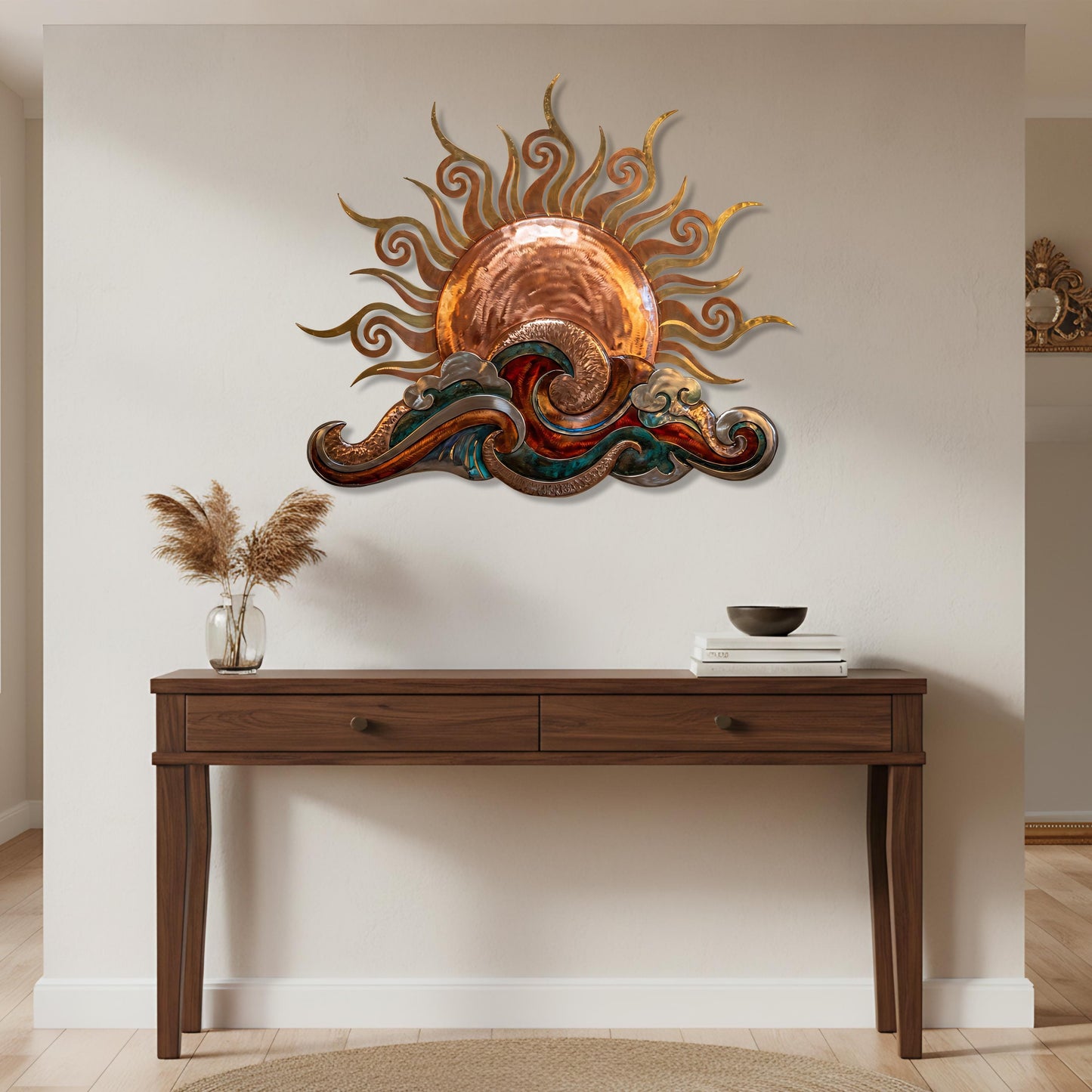 Sun and Waves Metal Wall Art Decorative Ocean Sunrise Design for Living Room Beach House Wall Decor Handcrafted Home Decoration