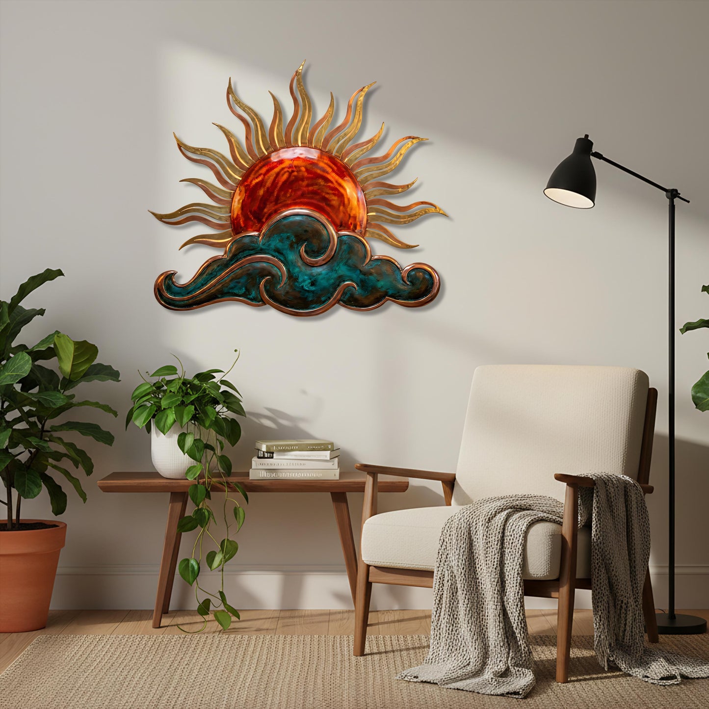 Sun and Waves Metal Wall Art Decorative Ocean Sunrise Design for Living Room Beach House Wall Decor Handcrafted Home Decoration