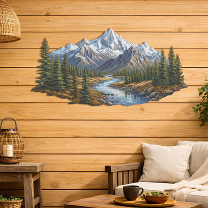 Mountain Forest Metal Wall Art Rustic Cabin Landscape Decor Outdoor Mountain Scene Metal Sign for Living Room or Office Wall Decoration