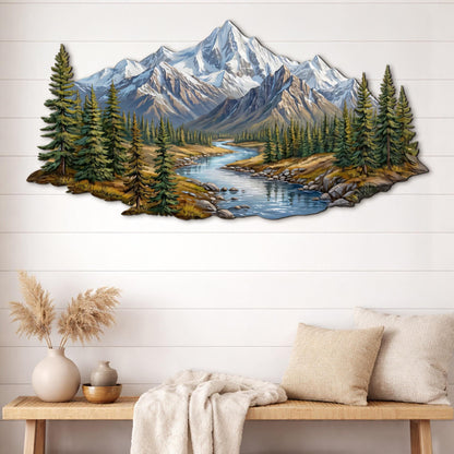 Mountain Forest Metal Wall Art Rustic Cabin Landscape Decor Outdoor Mountain Scene Metal Sign for Living Room or Office Wall Decoration