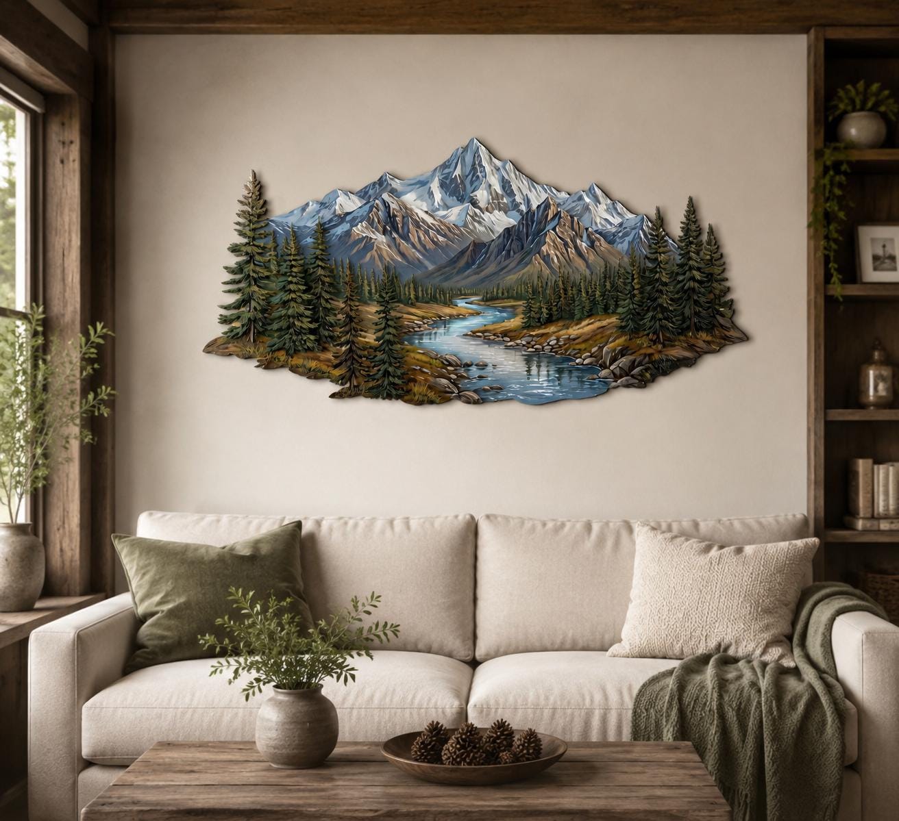 Mountain Forest Metal Wall Art Rustic Cabin Landscape Decor Outdoor Mountain Scene Metal Sign for Living Room or Office Wall Decoration
