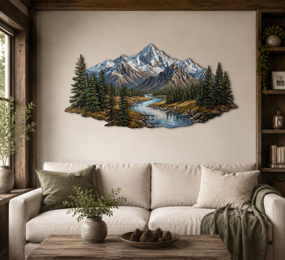 Mountain Forest Metal Wall Art Rustic Cabin Landscape Decor Outdoor Mountain Scene Metal Sign for Living Room or Office Wall Decoration