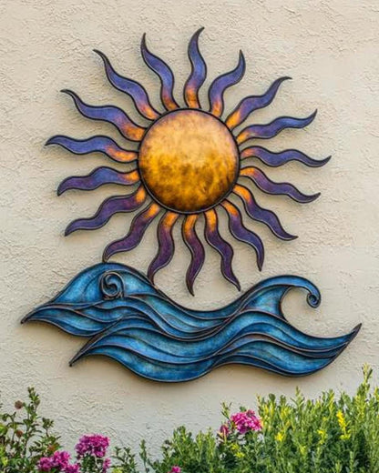 Sunrise Metal Wall Art Heat Colored Sunburst Decor Outdoor Garden Wall Hanging Coastal Patio Sign Modern Yard Home Decor Gift