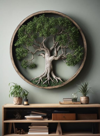 Tree of Life Metal Wall Art, Round Nature Wall Decor, Rustic Green Tree Sign for Living Room Bedroom, Farmhouse Hanging Gift