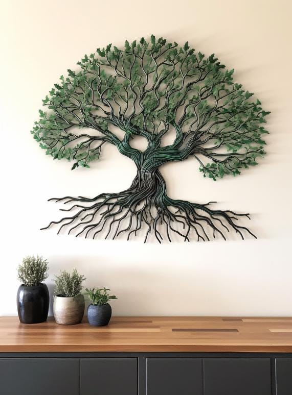 Tree of Life Metal Wall Art, Round Nature Wall Decor, Rustic Green Tree Sign for Living Room Bedroom, Farmhouse Hanging Gift