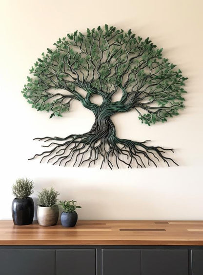 Tree of Life Metal Wall Art, Round Nature Wall Decor, Rustic Green Tree Sign for Living Room Bedroom, Farmhouse Hanging Gift