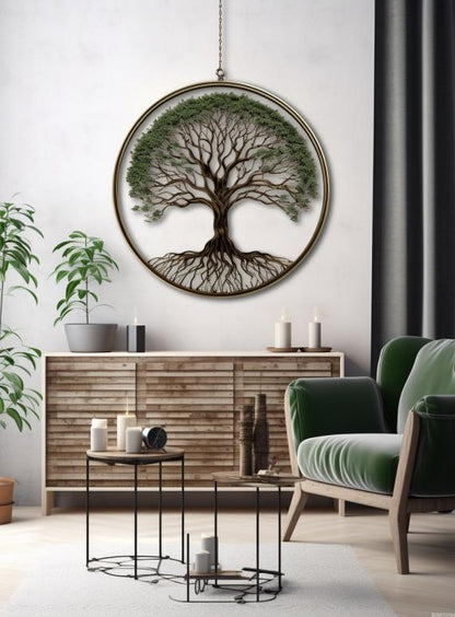 Tree of Life Metal Wall Art, Round Nature Wall Decor, Rustic Green Tree Sign for Living Room Bedroom, Farmhouse Hanging Gift