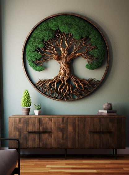 Tree of Life Metal Wall Art, Round Nature Wall Decor, Rustic Green Tree Sign for Living Room Bedroom, Farmhouse Hanging Gift