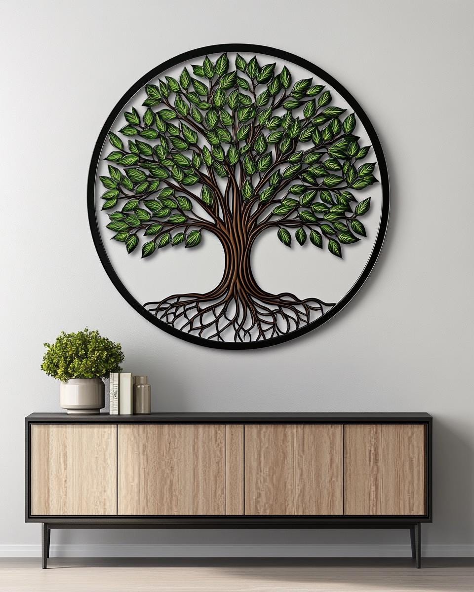 Tree of Life Metal Wall Art, Round Nature Wall Decor, Rustic Green Tree Sign for Living Room Bedroom, Farmhouse Hanging Gift