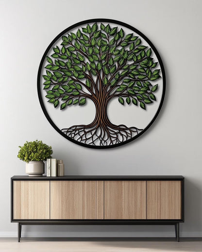 Tree of Life Metal Wall Art, Round Nature Wall Decor, Rustic Green Tree Sign for Living Room Bedroom, Farmhouse Hanging Gift