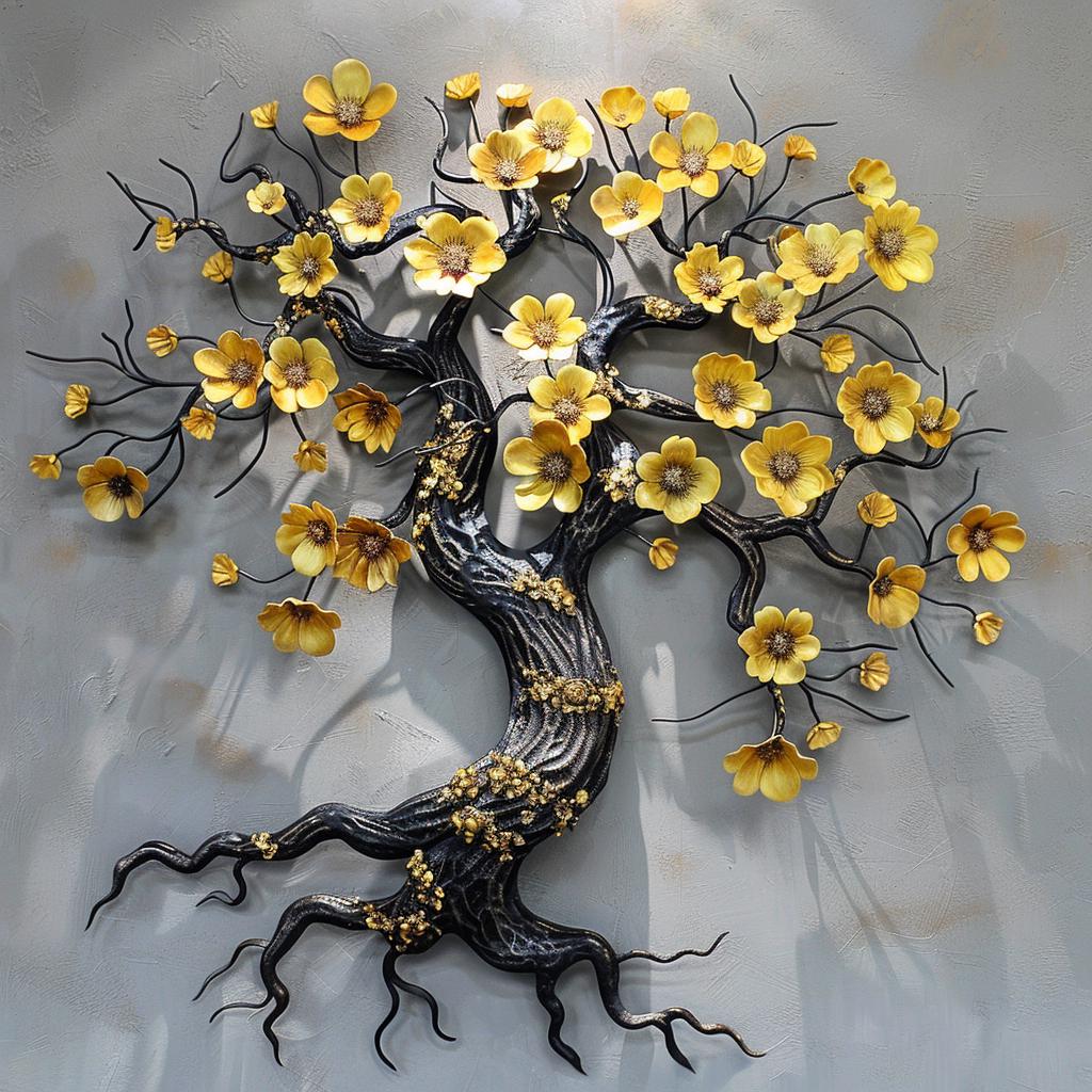 Gold Flower Tree Metal Wall Art, Elegant Black and Gold Floral Sculpture, Modern Rustic Wall Decor, Living Room Housewarming Gift Decor