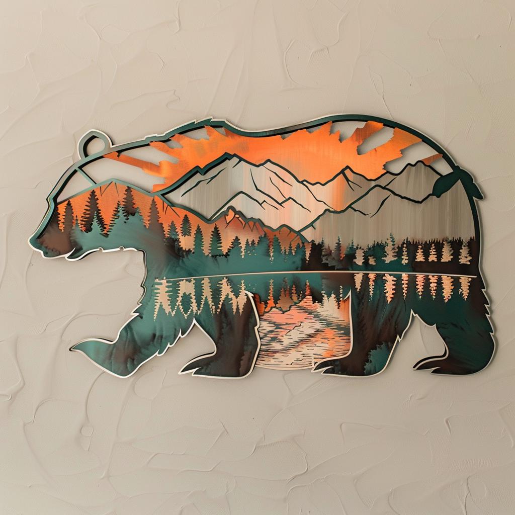 Black Bear Metal Wall Art, Mountain Forest Scene, Rustic Cabin Decor, Wildlife Nature Sign, Lodge Wall Hanging, Cabin Housewarming Gift