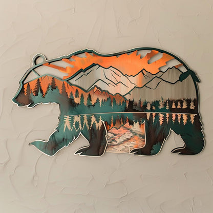 Black Bear Metal Wall Art, Mountain Forest Scene, Rustic Cabin Decor, Wildlife Nature Sign, Lodge Wall Hanging, Cabin Housewarming Gift