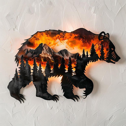 Black Bear Metal Wall Art, Mountain Forest Scene, Rustic Cabin Decor, Wildlife Nature Sign, Lodge Wall Hanging, Cabin Housewarming Gift