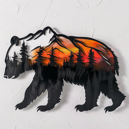 Black Bear Metal Wall Art, Mountain Forest Scene, Rustic Cabin Decor, Wildlife Nature Sign, Lodge Wall Hanging, Cabin Housewarming Gift