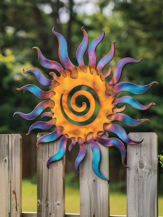 Wacky Sun Metal Wall Art Heat Colored Titanium Sun Sign Whimsical Spiral Sun Outdoor Patio Garden Decor Unique Handmade Gift