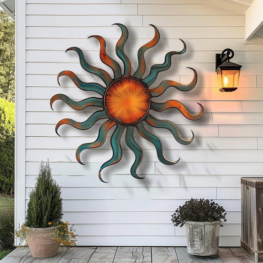 Colorful Wacky Sun Metal Wall Art Torched Finish Outdoor Patio Garden Decor Whimsical Sunburst Metal Sign Unique Home Gift