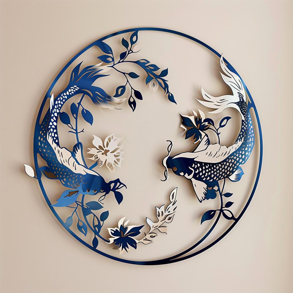 Koi Fish Metal Wall Art, Round Blue Floral Metal Sign, 2D Aluminum Wall Decor, Japanese Koi Fish Decor, Zen Home Gift