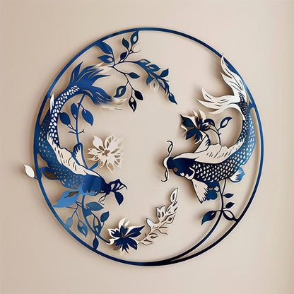 Koi Fish Metal Wall Art, Round Blue Floral Metal Sign, 2D Aluminum Wall Decor, Japanese Koi Fish Decor, Zen Home Gift