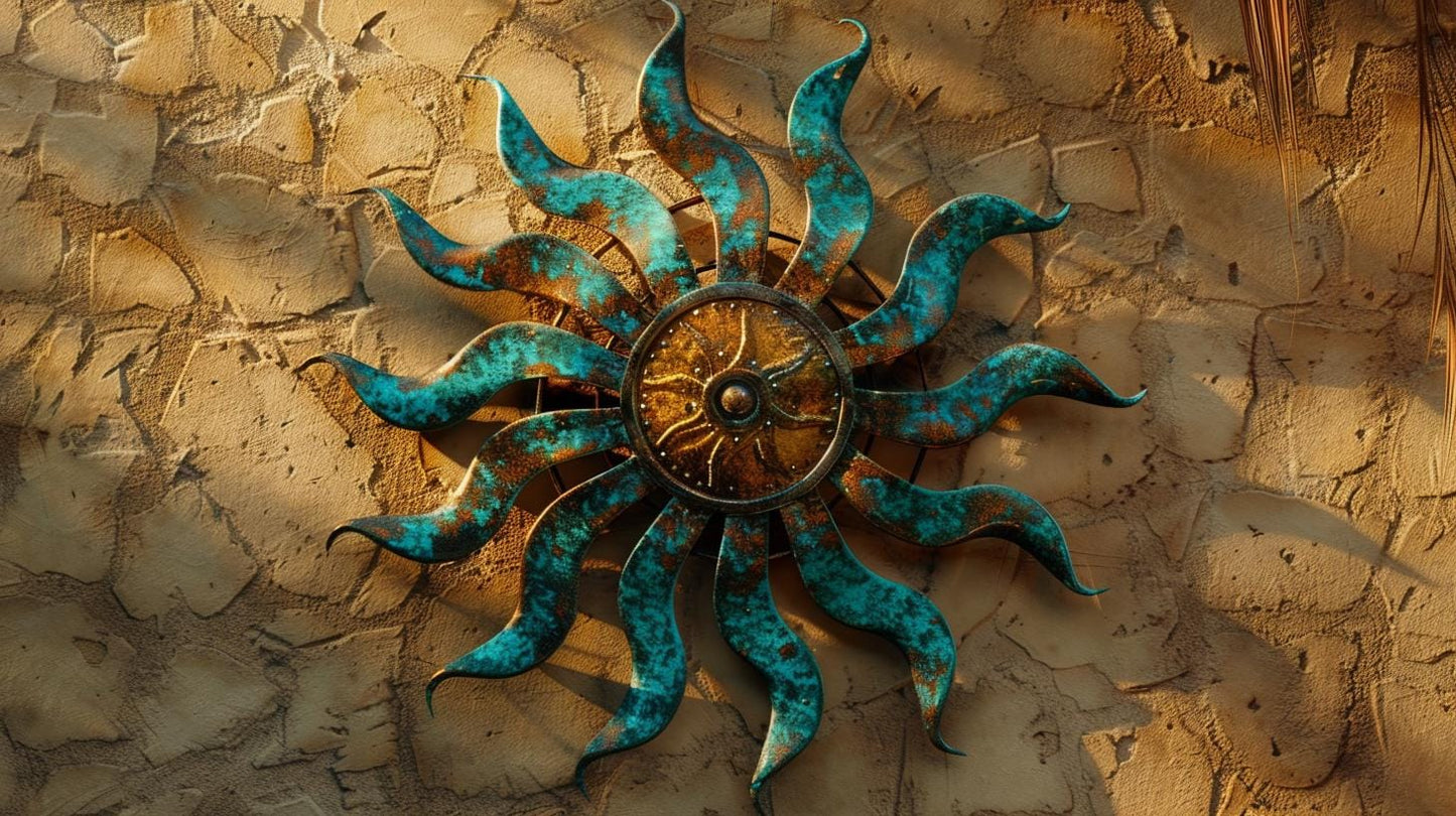 Spiral Sun Wall Metal Sign Rustic Turquoise Bronze Outdoor Wall Decor Handmade Sun Sculpture Gift for Patio Garden Courtyard