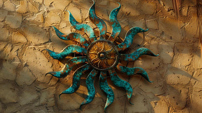 Spiral Sun Wall Metal Sign Rustic Turquoise Bronze Outdoor Wall Decor Handmade Sun Sculpture Gift for Patio Garden Courtyard