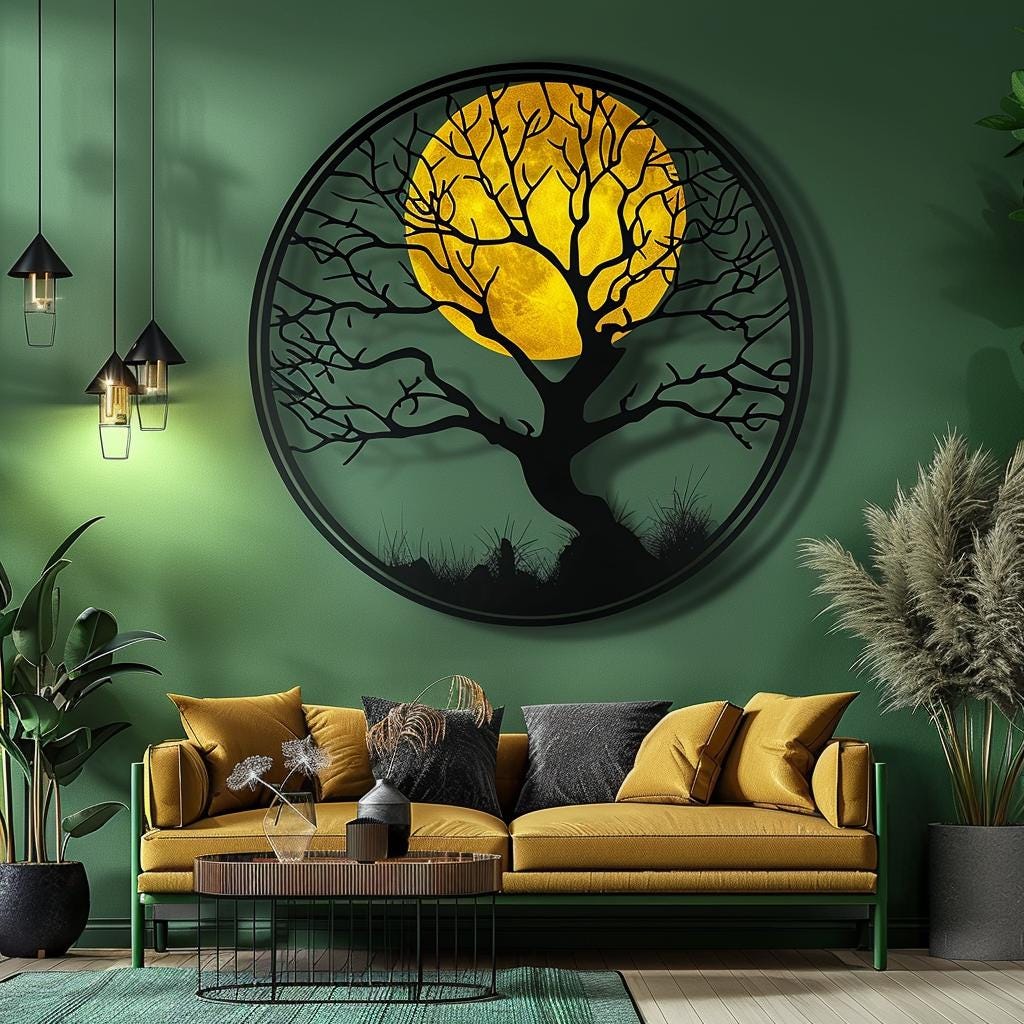 Round Tree Moon Metal Wall Art Nature Inspired Circular Tree of Life Wall Decor Modern Boho Rustic Living Room Bedroom Outdoor Garden Gift